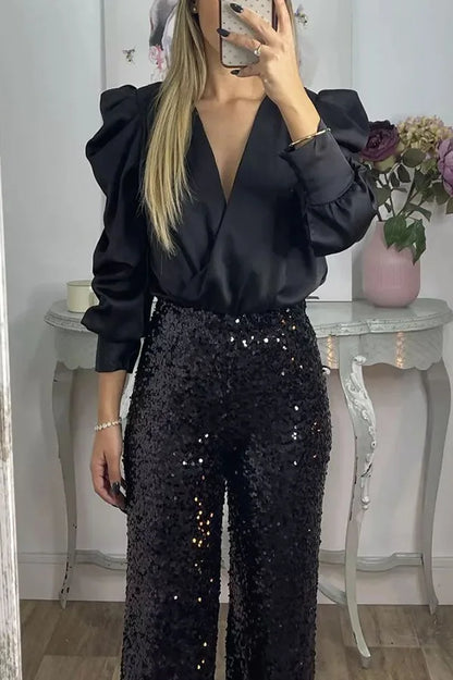 Satin Puff Long Sleeve Pleated Ruffled Tops