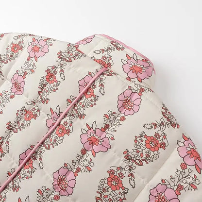 Pink Flower Print Stand neck Quilted Jacket