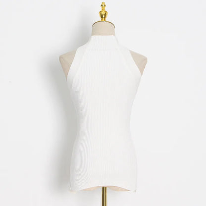 Sleeveless Knitted Solid Cross Hollow Out Top
