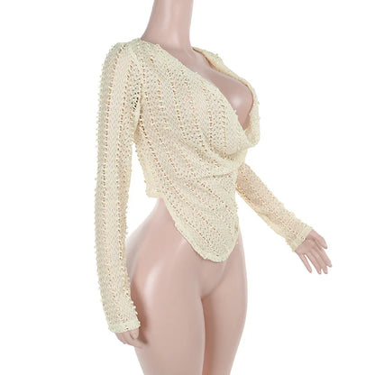 White Deep Cowl Neck Long Sleeve Top