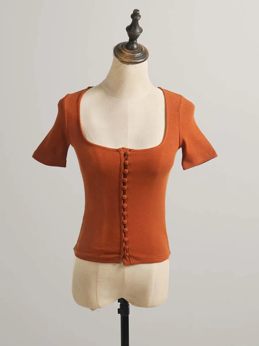Square Collar Cotton Short Sleeve Tops