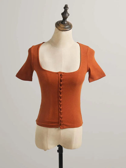 Square Collar Cotton Short Sleeve Tops