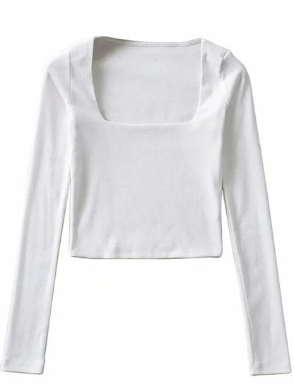 Women Long Sleeves Cotton Ribbed Square Neck Crop Top