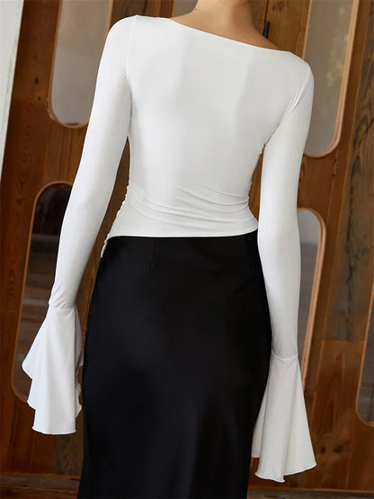 White Pleated Ruffled Long Sleeve Top