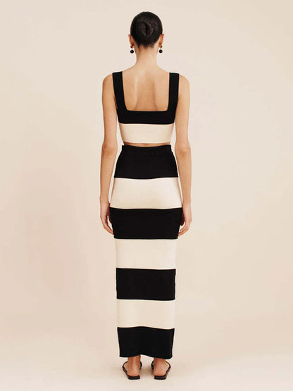 Striped Knitted Crop Top and Midi Skirt Suit