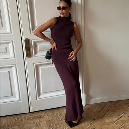 Solid Knit Sleeveless Top Long Skirt Set