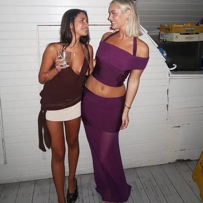 Purple Mesh Two-Piece Set with Sheer Halter Top and Long Skirt
