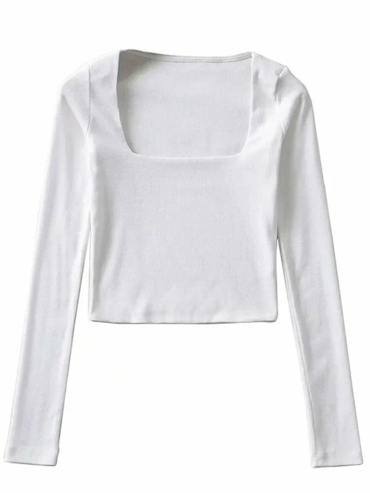 Women Long Sleeves Cotton Ribbed Square Neck Crop Top