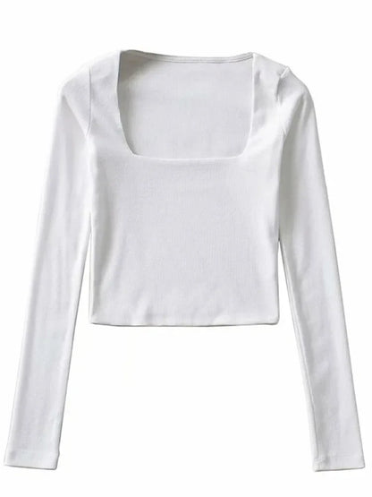 Women Long Sleeves Cotton Ribbed Square Neck Crop Top