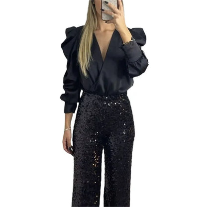 Satin Puff Long Sleeve Pleated Ruffled Tops