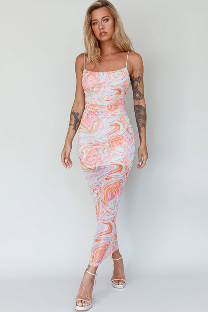 Love In Miami Lace-Up Back Midi Dress Swirl Orange