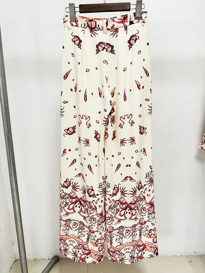 Red Flower Print Blazer Top Pant 3 pcs Suits