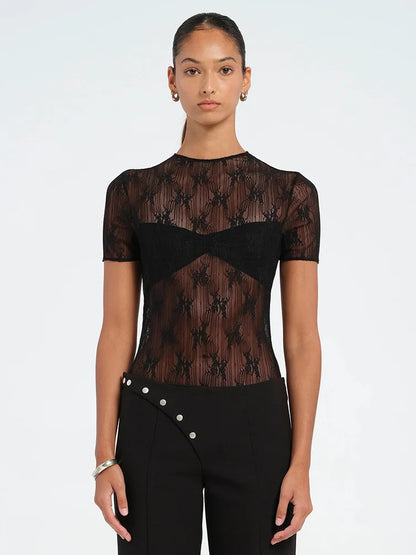 Sheer Lace Patchwork Bodysuit Top For Women