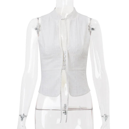 Tie Front Button White Cut Out Sleeveless Top