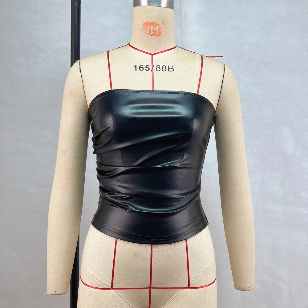 PU Leather Strapless Pleated Tube Top