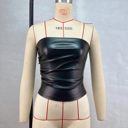 PU Leather Strapless Pleated Tube Top