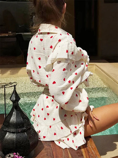 Ruffled Printed Long Sleeve Top and Shorts Sets