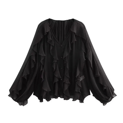 Ruffled Shirt Women Loose Lace Up Tops