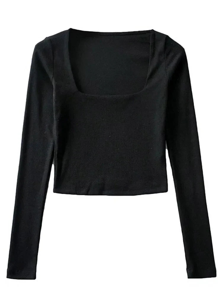 Women Long Sleeves Cotton Ribbed Square Neck Crop Top