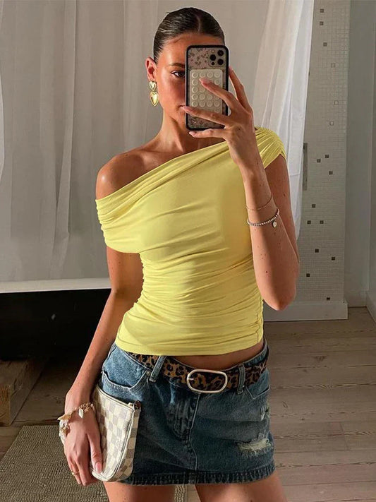 Slash Neck Shirring Bandage Solid Top