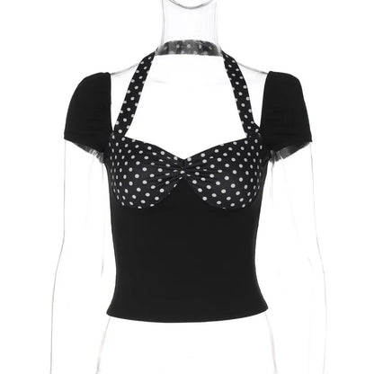 Polka Dot Splicing Black Halter Short Sleeve Crop Top