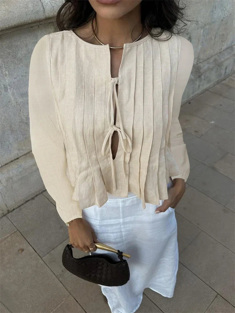 Patchwork Long Sleeve Lace-Up Top