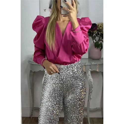 Satin Puff Long Sleeve Pleated Ruffled Tops