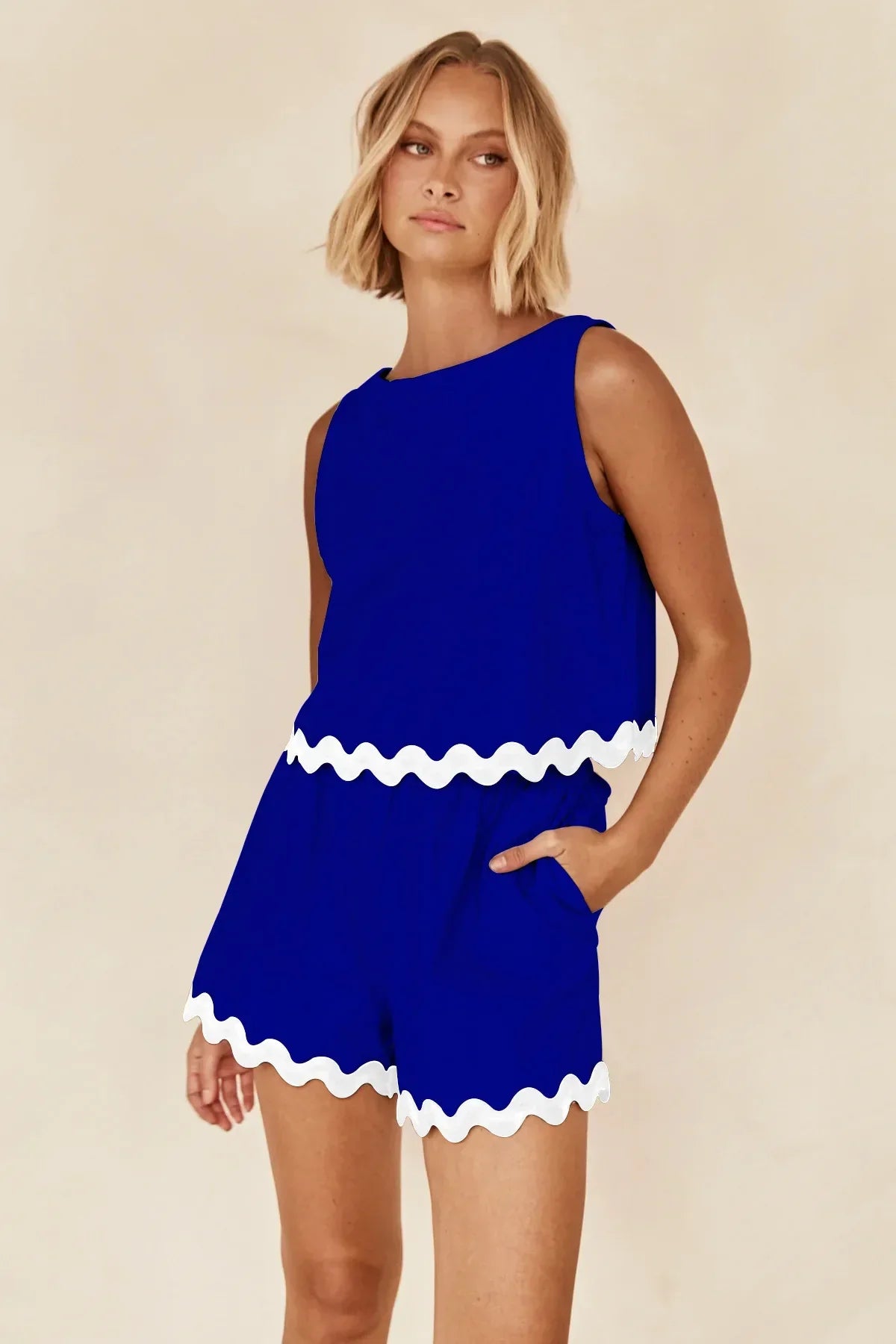 Wave Stripe Patchwork Tops High Waist Shorts Set