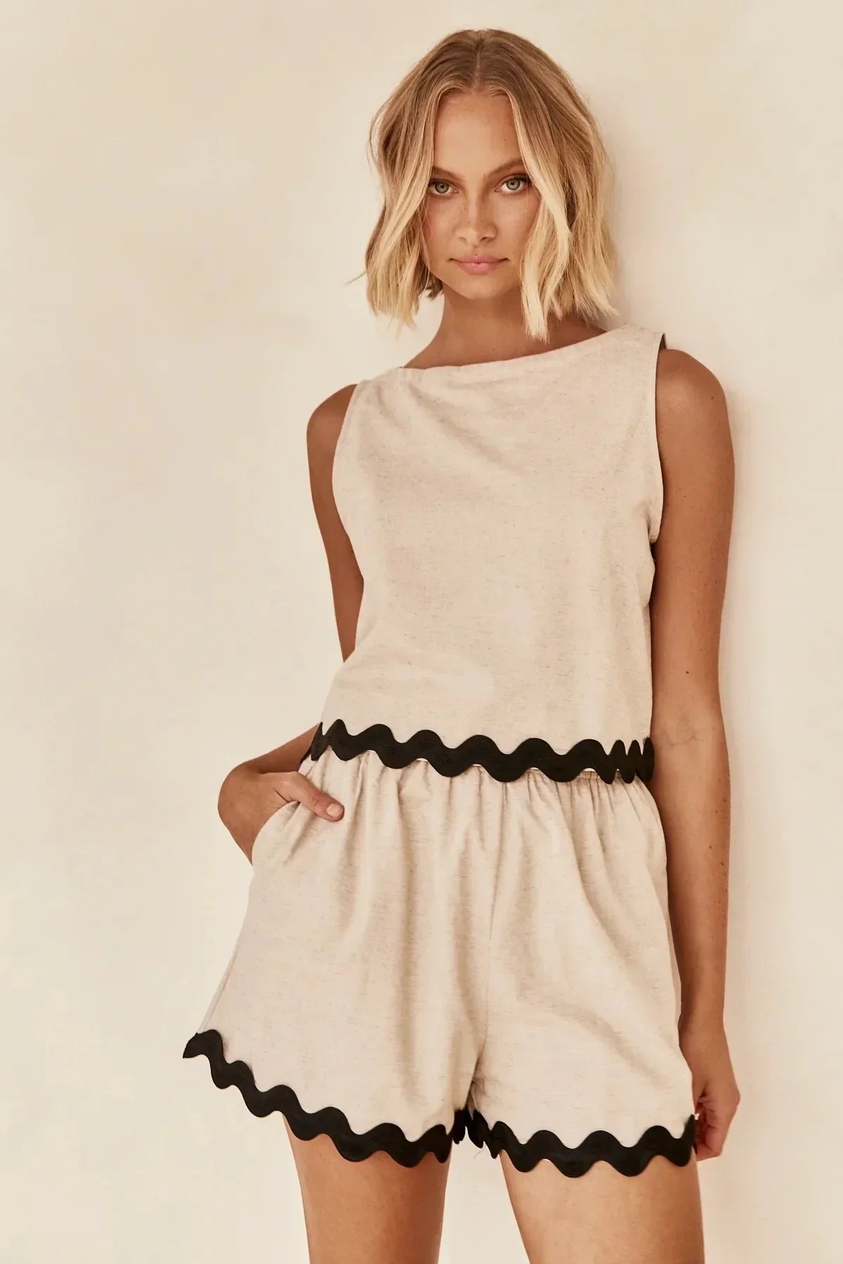 Wave Stripe Patchwork Tops High Waist Shorts Set