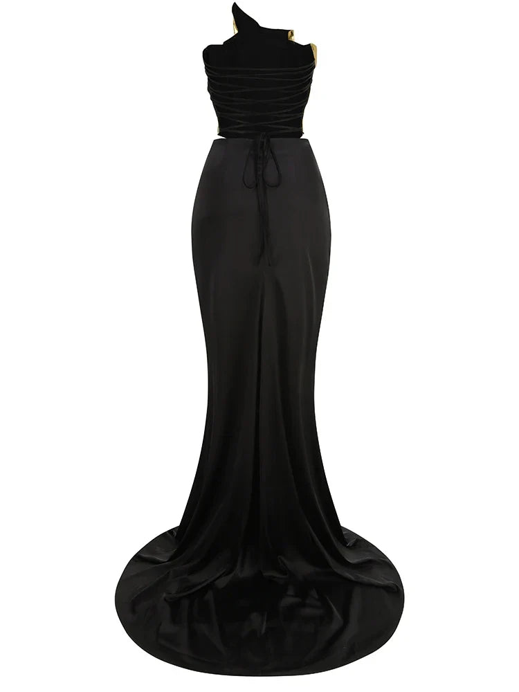Strapless Gold Top & High-Slit Skirt Set