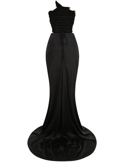 Strapless Gold Top & High-Slit Skirt Set