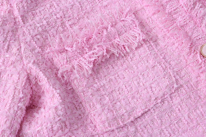 Pink Fringe Fur Shoulder Pad Tweed Blazer