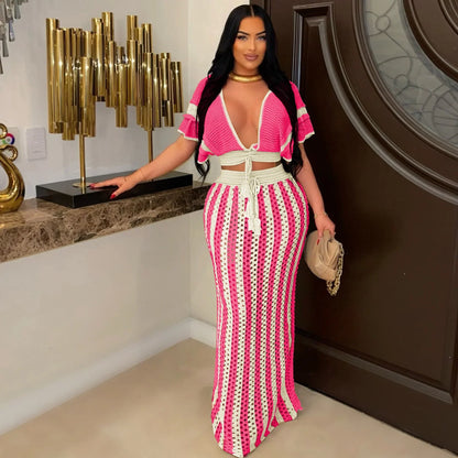 Striped Knitted Top and Long Skirt Set