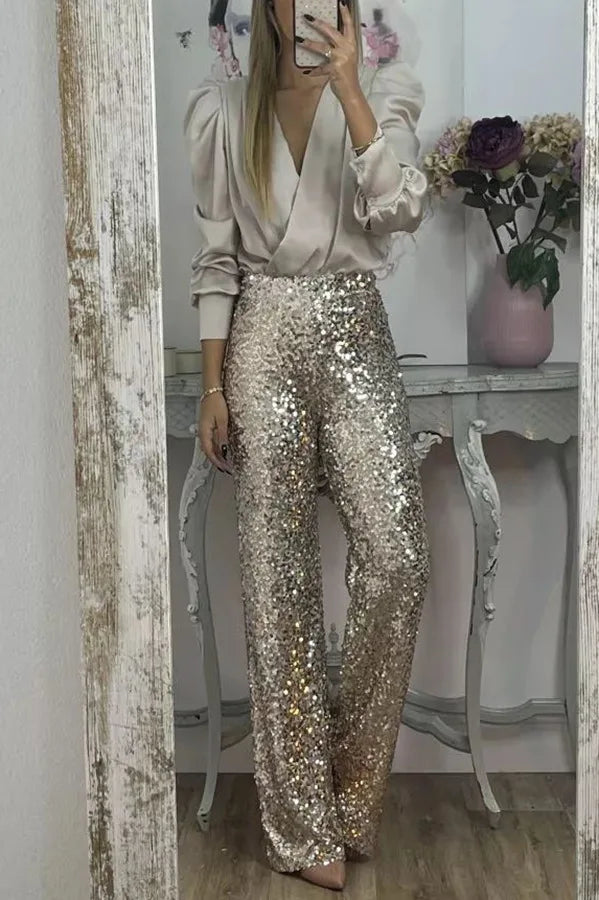 Satin Puff Long Sleeve Pleated Ruffled Tops