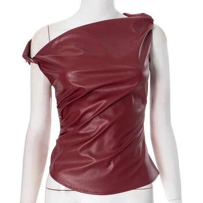 Skew Collar Leather Pleated Top