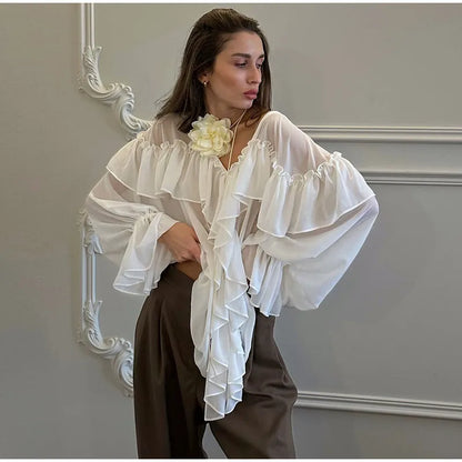 See Through Solid Long Sleeved Ruffles Tops