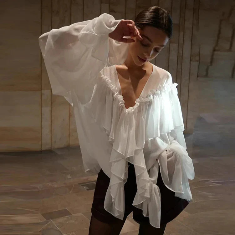 See Through Solid Long Sleeved Ruffles Tops