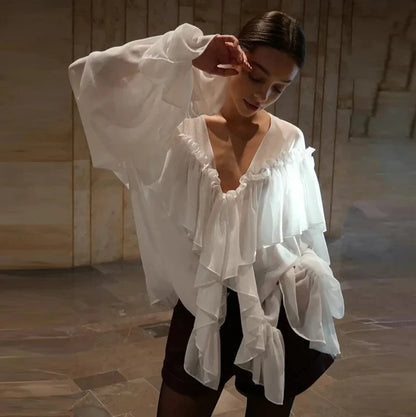 See Through Solid Long Sleeved Ruffles Tops