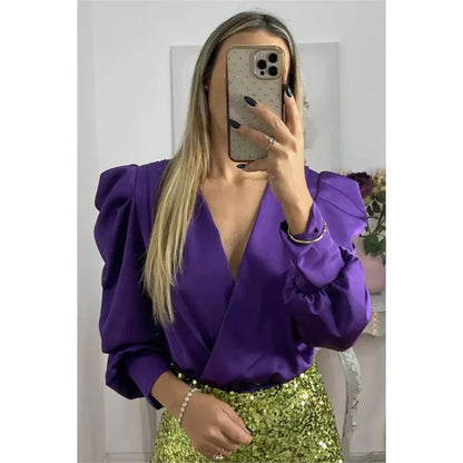 Satin Puff Long Sleeve Pleated Ruffled Tops