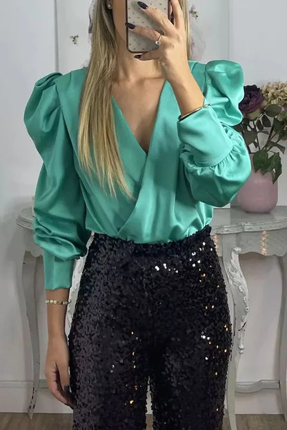 Satin Puff Long Sleeve Pleated Ruffled Tops