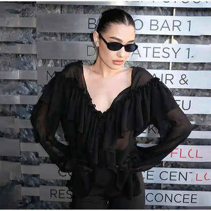 See Through Solid Long Sleeved Ruffles Tops