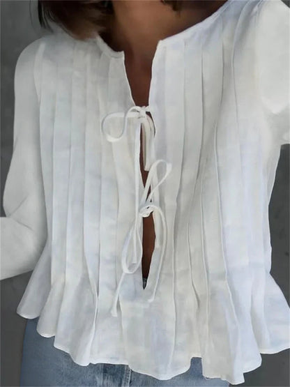 Patchwork Long Sleeve Lace-Up Top