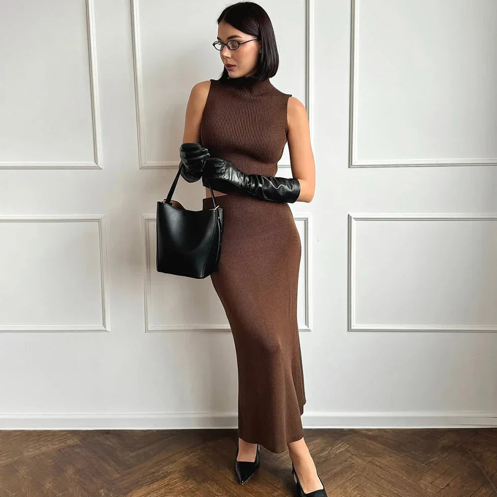 Solid Knit Sleeveless Top Long Skirt Set