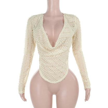 White Deep Cowl Neck Long Sleeve Top