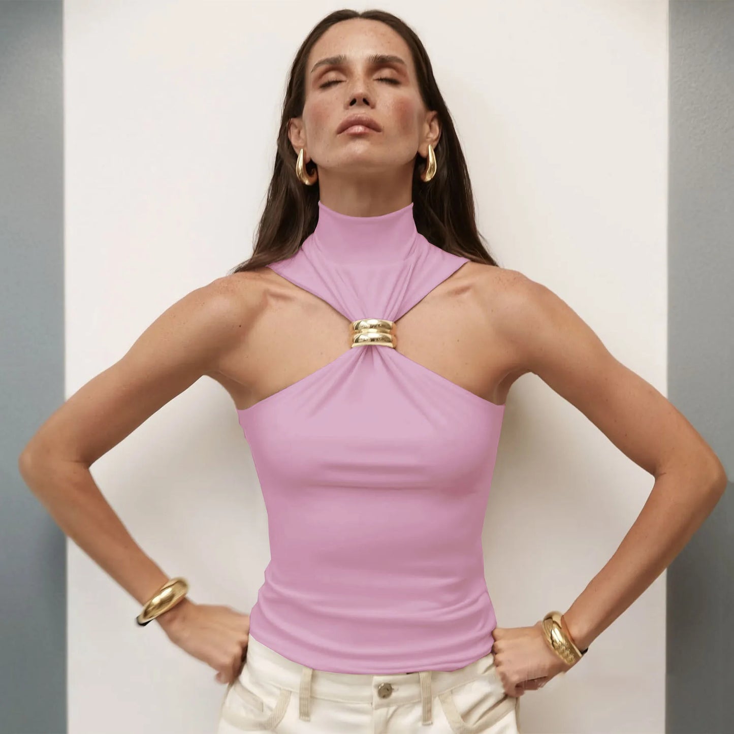 Turtleneck Metal Ring Knitted Tops