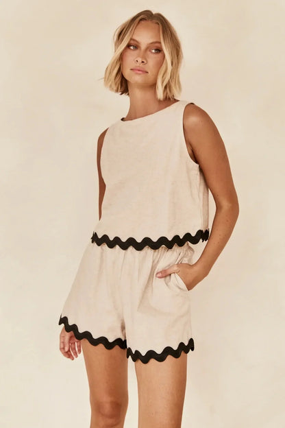 Wave Stripe Patchwork Tops High Waist Shorts Set