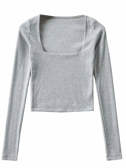 Women Long Sleeves Cotton Ribbed Square Neck Crop Top