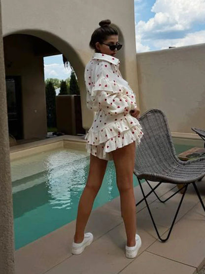 Ruffled Printed Long Sleeve Top and Shorts Sets