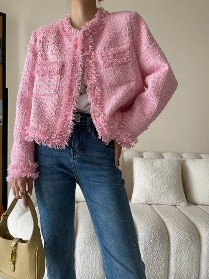 Pink Fringe Fur Shoulder Pad Tweed Blazer