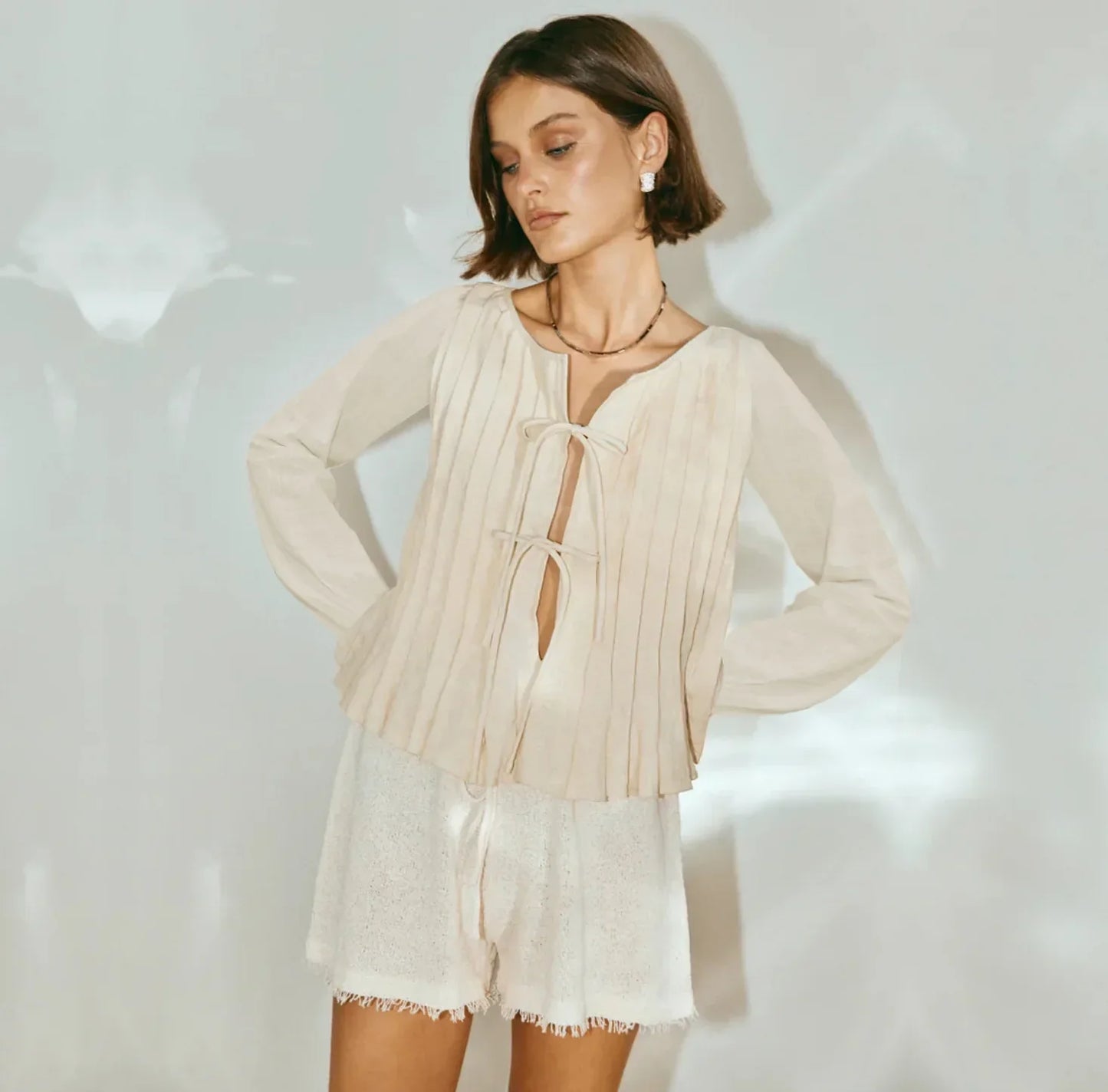 Patchwork Long Sleeve Lace-Up Top